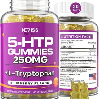 Melatonin Free 5-HTP Gummies 250mg Per Serving Plus 100mg L-Tryptophan - 5-HTP Supplement Gummies for Stress Relief, Positive Mood & Natural Zzzs | Non-Habit Forming, High Strength, 60 Counts