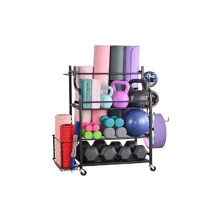 Mythinglogic Yoga Mat Storage Racks,Home Gym Storage Rack for Dumbbells Kettlebells Foam Roller, Yoga Strap and Resistance Bands, Workout Equipment Storage Organizer With Hooks and Wheels