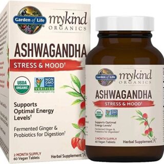 Garden of Life Organic Ashwagandha Stress, Mood & Energy Support Supplement with Probiotics & Ginger Root for Digestion - mykind Organics - Vegan, Gluten Free, Non GMO ? 2 Month Supply, 60 Tablets