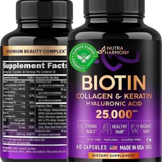 Biotin with Hyaluronic Acid, Collagen & Keratin - Hair Growth Vitamins - Supplement for Women, Men - 25000 mcg Pills - Made in USA - B1,B2,B3,B6,B7 - Nails & Skin - As Liquid, Drops, Oil - 60 Capsules