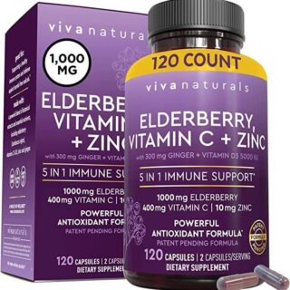 Viva Naturals Sambucus Elderberry with Zinc and Vitamin C for Adults, Vitamin D3 5000 IU and Ginger - Immune Support Supplement, 2 Months? Supply - Black Dried Elderberry Capsules for Adults